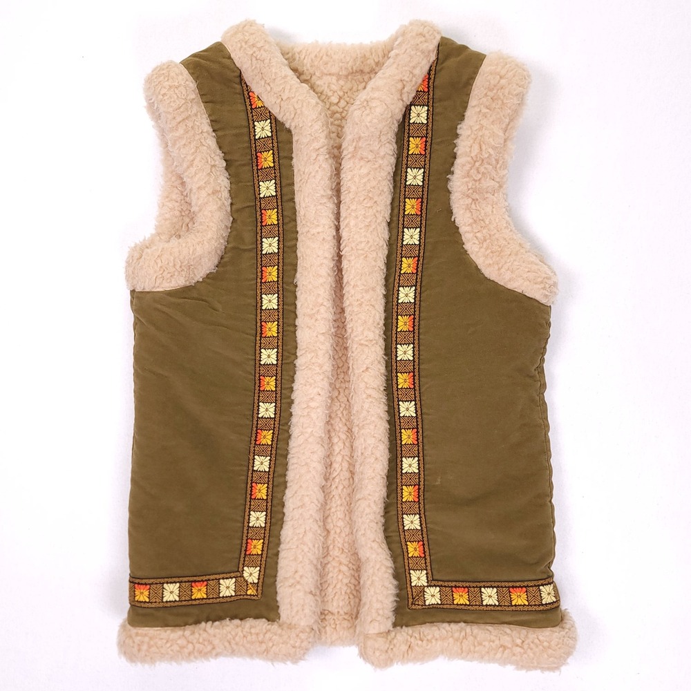 Vintage Style Olive Green Sherpa Lined Vest Embroidered Boho Western‎ Open Front